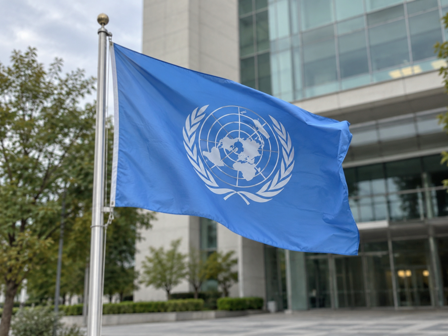 A slightly blurred photo of the United Nations flag outside a civic building